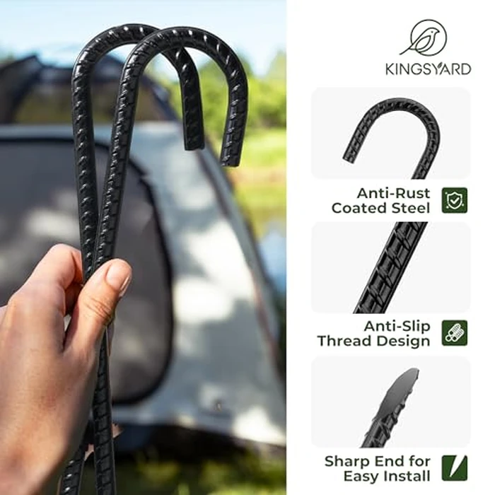 Kingsyard 16 Pack 12 Inch Rebar Stakes J Hook Ground Stakes, Galvanized Metal Heavy Duty Tent Stakes for Trampolines Chain Link Fence Lawn Inflatables Decorations Outdoor Canopy Swing Set by Kingsyard - Image 4