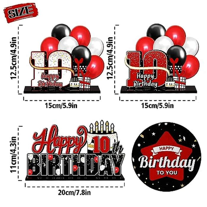 LINGTEER Happy 10th Birthday Red Acrylic Table Topper Centerpieces Set - Cheers to Ten Years Old Birthday 10th Bday Party Gift Decorations. by LINGTEER - Image 2