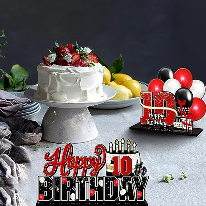 LINGTEER Happy 10th Birthday Red Acrylic Table Topper Centerpieces Set - Cheers to Ten Years Old Birthday 10th Bday Party Gift Decorations. by LINGTEER - Image 6