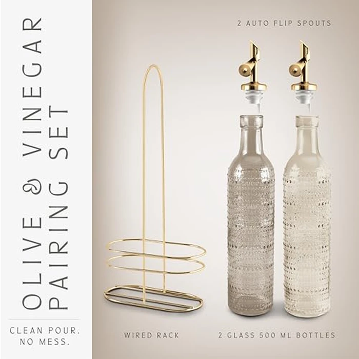 COOK WITH COLOR Glass Olive Oil Bottle Dispenser - 2 Pack- 17oz Oil and Vinegar Cruet - Olive Oil Carafe Decanter for Kitchen, Champagne Bubbles, Brown by COOK WITH COLOR - Image 3