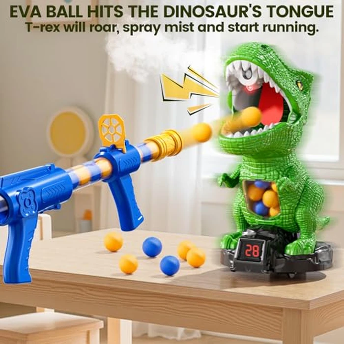 XINNOVEL Movable Dinosaur Shooting for Toys Kids 4-6, Electronic Kids Target Games w/Air Pump Launcher, LCD Score Record, Sound, 24 Foam Balls, Birthday Gifts for 3 4 5 6 7 8 9 Year Old Boys Girls by XINNOVEL - Image 6