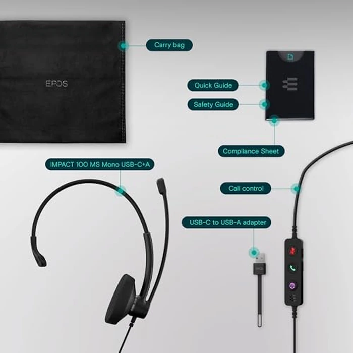 EPOS Impact 100 MS Mono USB-C+A Headset with Microphone, Microsoft Teams Certified, Noise-Cancelling, Lightweight, Soft Silicone Side Support, USB Adapter, Call Control, UC Professional Use by EPOS - Image 5
