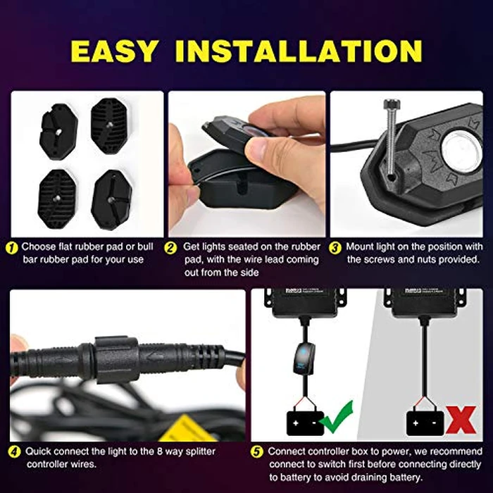Nilight RGB LED Rock Lights Kit, 4 pods Underglow Multicolor Neon Light Pod with Bluetooth App Control Flashing Music Mode Wheel Well Light for Truck ATV UTV RZR SUV by Nilight - Image 6