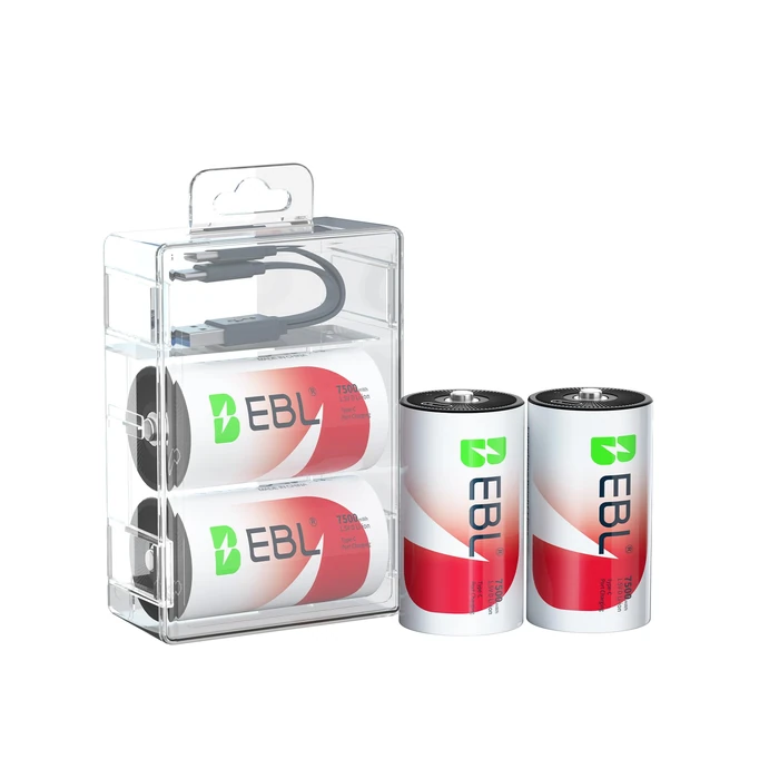 EBL Rechargeable D Batteries 7500mWh 1.5V Lithium 1600+ Cycles with 2 USB-C Cables for Cameras, Floodlight Toys Flashlights (4 Pack) by EBL - Used - Like New condition - US$23.74