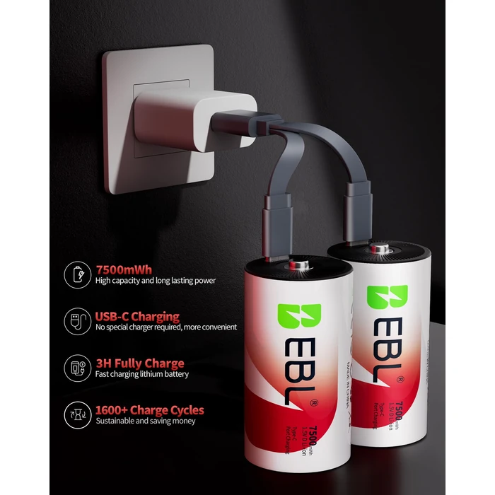 EBL Rechargeable D Batteries 7500mWh 1.5V Lithium 1600+ Cycles with 2 USB-C Cables for Cameras, Floodlight Toys Flashlights (4 Pack) by EBL - Image 3