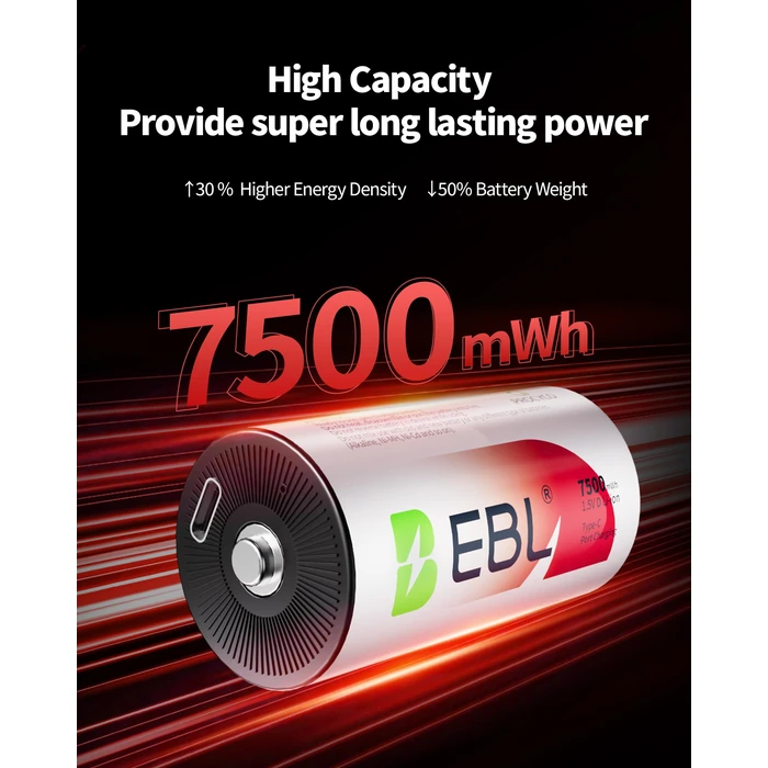 EBL Rechargeable D Batteries 7500mWh 1.5V Lithium 1600+ Cycles with 2 USB-C Cables for Cameras, Floodlight Toys Flashlights (4 Pack) by EBL - Image 5