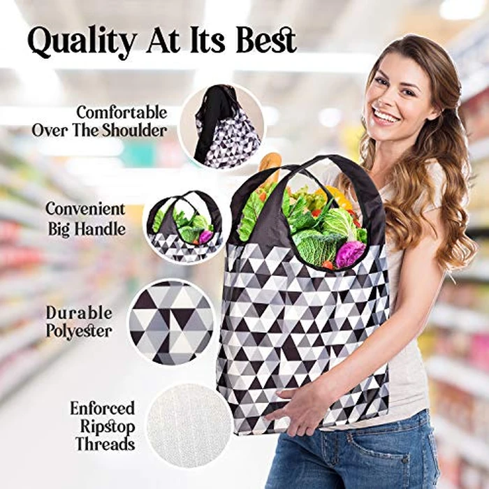 O-WITZ Reusable Grocery Bags | Vibrant Tote Bag For Groceries, Gym, Office, Beach & More | Washable Design With Large Handles For Maximum Convenience | Folds Into Small Pouch, 5 Pack, Black and White by O-WITZ - Image 3