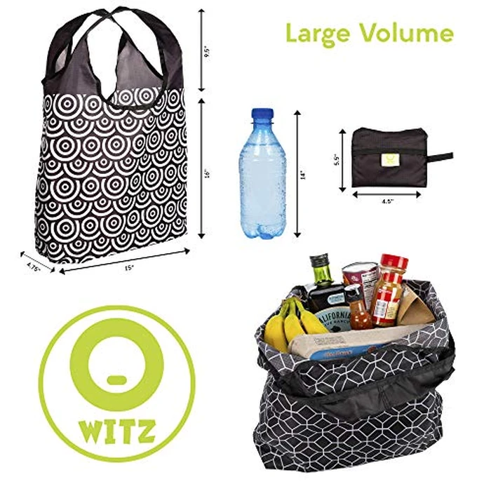 O-WITZ Reusable Grocery Bags | Vibrant Tote Bag For Groceries, Gym, Office, Beach & More | Washable Design With Large Handles For Maximum Convenience | Folds Into Small Pouch, 5 Pack, Black and White by O-WITZ - Image 4