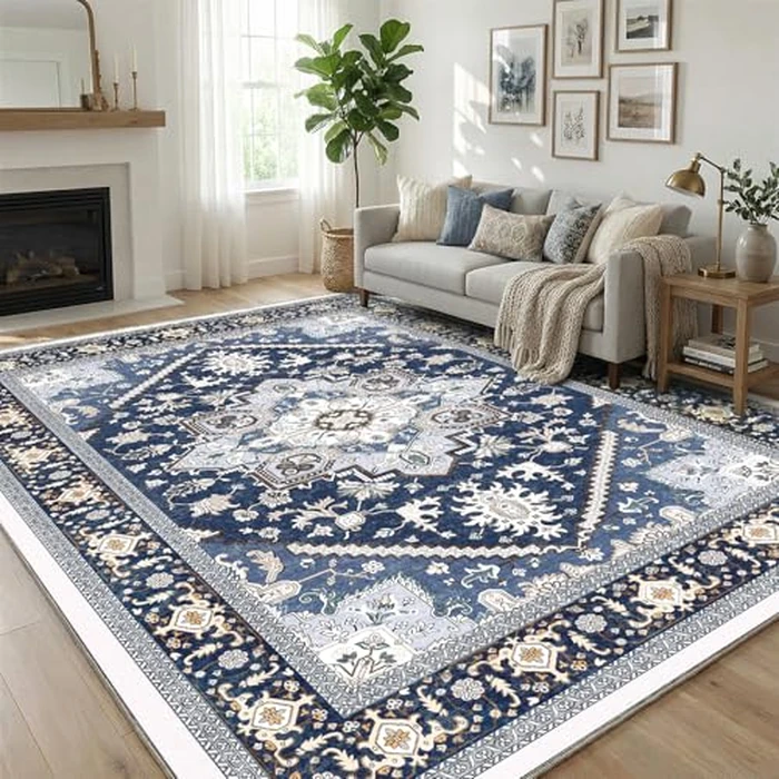 OPPODREAM Soft Area Rug 5x7, 5x7 Rugs for Living Room, Washable Rugs for Bedroom with Non Slip Backing, Faux Cashmere Low-Pile 5 x 7 Carpet, Navy Blue & Golden by OPPODREAM - Used - Like New condition
