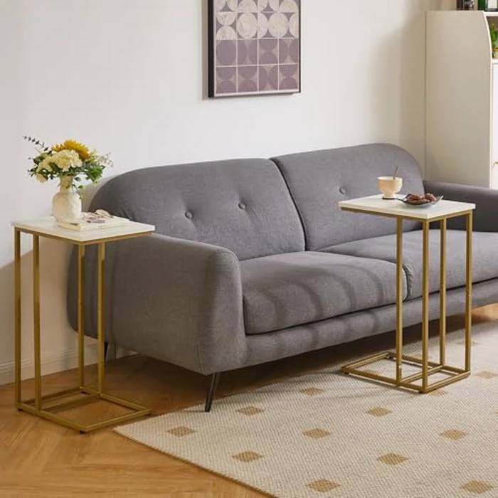 Aibiju Small Side Tables C Shaped, Small End Table, Small Table Stand for Living Room Bedroom, Small Bedside Table 16x12x25 inch White+Gold YD-TM051WG by Aibiju - Image 5