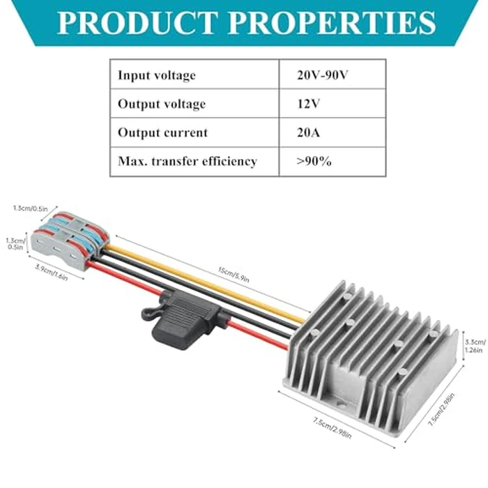 YABOANG DC/DC Buck Converter from 20-90V to 12V, 20A 240W MAX Power Transformer Waterproof Step Down Module for Automotive, LED Lights, Trucks by YABOANG - Image 5