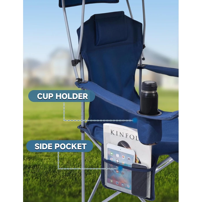 East Oak Camping Chair with Canopy | 25" High Back Folding Beach Chair with Canopy Shade, Supportive Headrest, Cup Holder, Side Pocket, 330 lbs Heavy Duty Canopy Chair for Outdoors by EAST OAK - Image 7