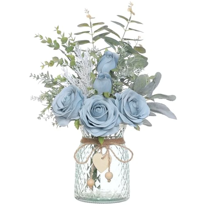 Faux Flowers with Vase,Artificial Silk Roses in Vase, Fake Plant Eucalyptus Flower Arrangement for Home Office Farmhouse Bathroom Dining Table Centerpiece Decorations Coffee Table Decor (Dusty Blue) by VIERENA - Image 1