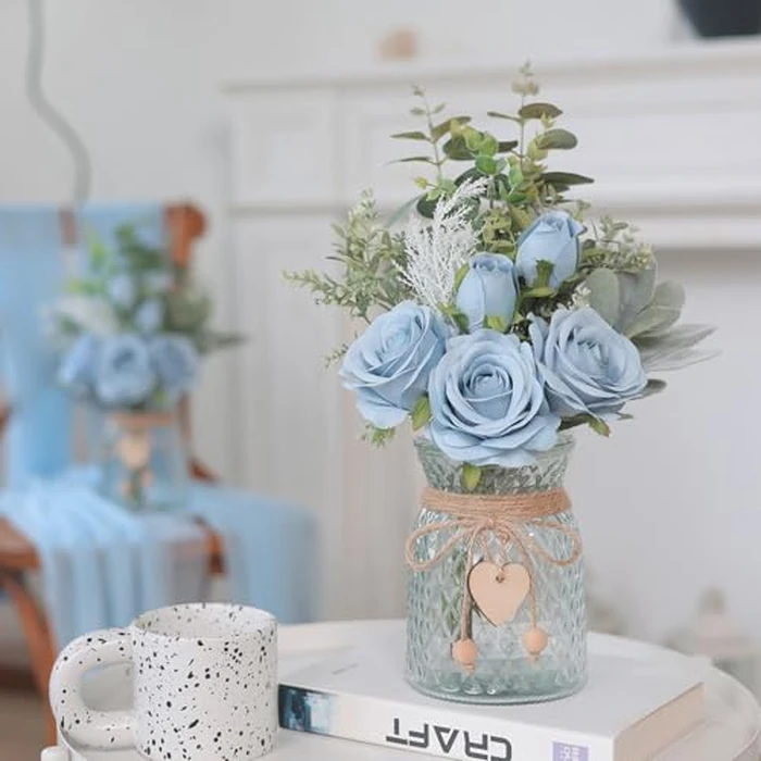 Faux Flowers with Vase,Artificial Silk Roses in Vase, Fake Plant Eucalyptus Flower Arrangement for Home Office Farmhouse Bathroom Dining Table Centerpiece Decorations Coffee Table Decor (Dusty Blue) by VIERENA - Image 2