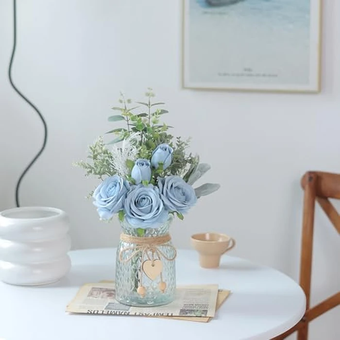 Faux Flowers with Vase,Artificial Silk Roses in Vase, Fake Plant Eucalyptus Flower Arrangement for Home Office Farmhouse Bathroom Dining Table Centerpiece Decorations Coffee Table Decor (Dusty Blue) by VIERENA - Image 5
