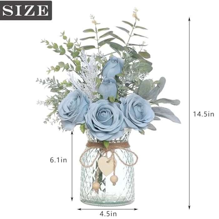 Faux Flowers with Vase,Artificial Silk Roses in Vase, Fake Plant Eucalyptus Flower Arrangement for Home Office Farmhouse Bathroom Dining Table Centerpiece Decorations Coffee Table Decor (Dusty Blue) by VIERENA - Image 6