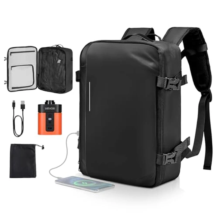 VEVOR Vacuum Travel Backpack, 35L, Vacuum Seal Compression Travel Backpack with Air Pump, Multiple Pockets & Compartments, Water-Resistant Carry-On Suitcase Luggage, Casual Personal Item Bag, Black by VEVOR - Image 1