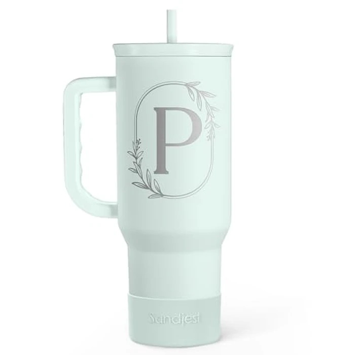 Personalized Monogrammed Tumbler with Handle 40oz, Letter P Tumblers Insulated Coffee Travel Cup, Custom Initial Gift for Women Girls Friends, Monogram Gift for Christmas Birthday Mothers Day by SANDJEST - Image 1
