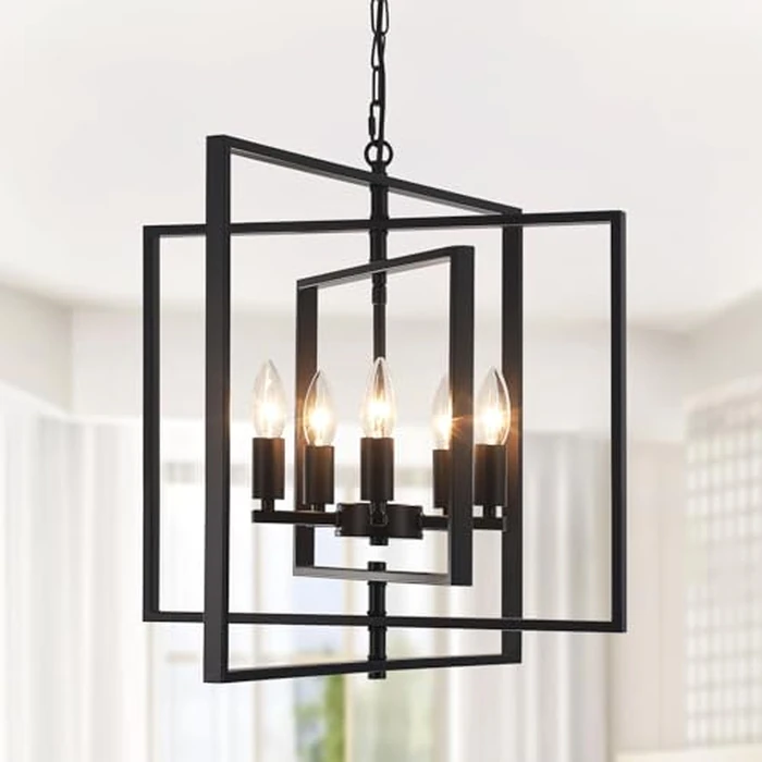 Modern Black Chandelier for Dining Room, 5-Light Lantern Pendant Light Fixtures Rustic Geometric Chandeliers Industrial Hanging Light for Entryway, Foyer, Hallway, Bedroom,E12 by TCWGAUI - Used - Very Good condition - CA$78.56