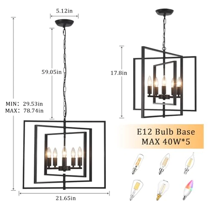 Modern Black Chandelier for Dining Room, 5-Light Lantern Pendant Light Fixtures Rustic Geometric Chandeliers Industrial Hanging Light for Entryway, Foyer, Hallway, Bedroom,E12 by TCWGAUI - Image 2