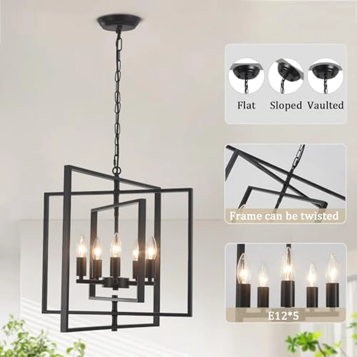 Modern Black Chandelier for Dining Room, 5-Light Lantern Pendant Light Fixtures Rustic Geometric Chandeliers Industrial Hanging Light for Entryway, Foyer, Hallway, Bedroom,E12 by TCWGAUI - Image 3
