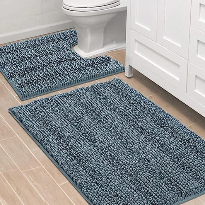 H.VERSAILTEX Bathroom Rugs Bath Rug Set 2 Piece Bathroom Contour Rug Toilet Mat Sets Non Slip Contour Bath Rug Ultra Thick Water Absorbent Striped Bath Mats(36" x 24" Plus 20" x 24" U, Stone Blue) by H.VERSAILTEX - Image 1