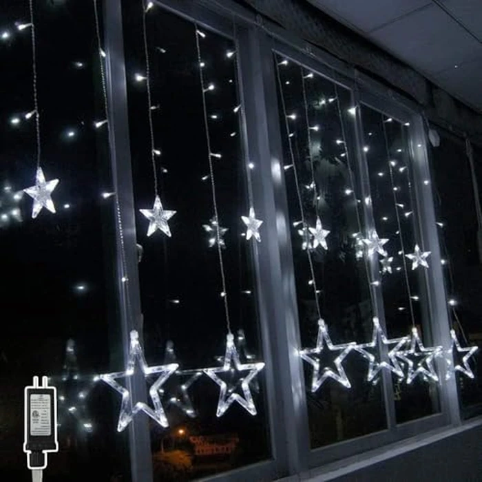 12 Stars 138 LED Curtain Lights, Outdoor Decor Window Curtain String Lights with 8 Flashing Modes Ramadan Decoration for Christmas, Wedding, Party, Home Bedroom Decorations (Cold White) by Bluesmile - Used - Like New condition - CA$21.94