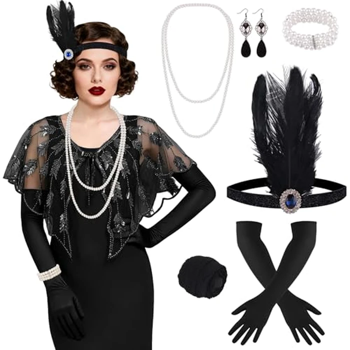 ELECLAND 10 Pieces 1920s Flapper Gatsby Accessories Set Fashion Roaring 20's Theme Set with Headband Headpiece for Women (Black, Style 3) by ELECLAND - Image 1