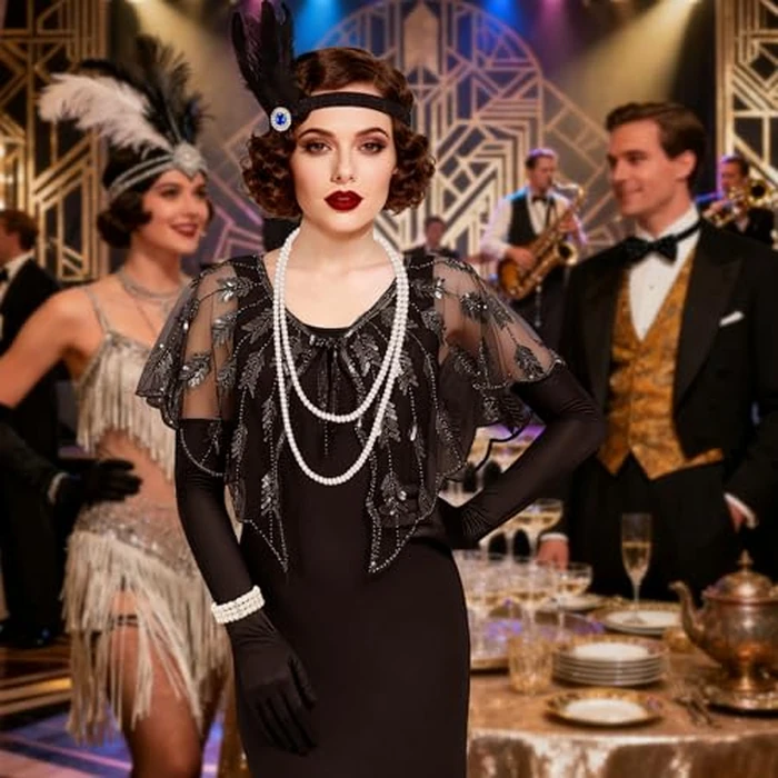 ELECLAND 10 Pieces 1920s Flapper Gatsby Accessories Set Fashion Roaring 20's Theme Set with Headband Headpiece for Women (Black, Style 3) by ELECLAND - Image 5