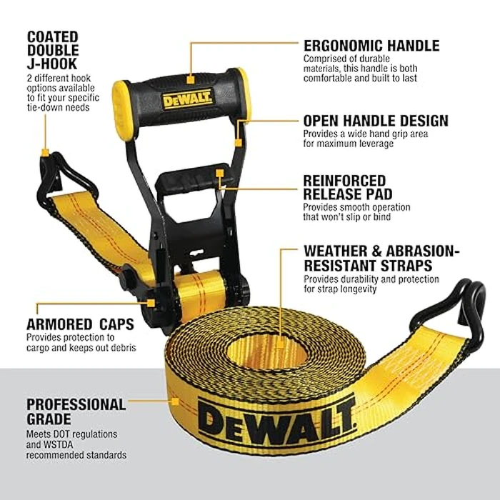 DEWALT DXBC10000J Black/Yellow 2" x 27' Ratchet Tie Down Strap with Double J-Hook - Heavy-Duty Cargo Securing (10,000 lb Break Strength) by DEWALT - Image 2