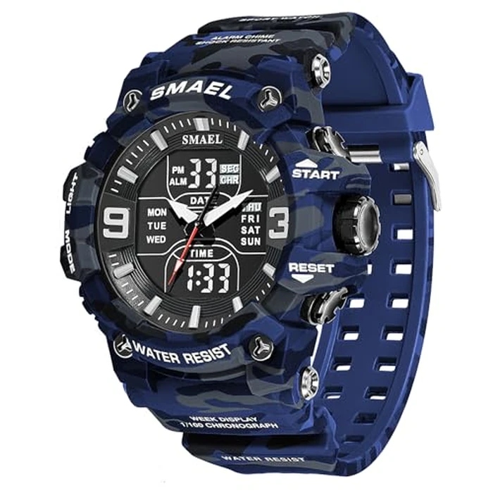 Men's Analog Digital Outdoor Sports Watch Military Tactics Multi Function Watch LED Electronic Large Dual Display Watch Army Luminous Waterproof Watch (Camouflage Blue) by FANMIS - Image 1