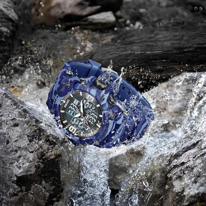 Men's Analog Digital Outdoor Sports Watch Military Tactics Multi Function Watch LED Electronic Large Dual Display Watch Army Luminous Waterproof Watch (Camouflage Blue) by FANMIS - Image 3