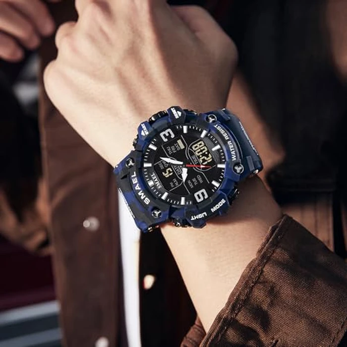 Men's Analog Digital Outdoor Sports Watch Military Tactics Multi Function Watch LED Electronic Large Dual Display Watch Army Luminous Waterproof Watch (Camouflage Blue) by FANMIS - Image 4