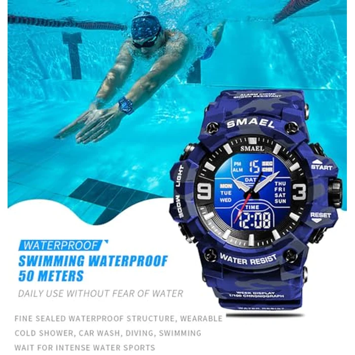 Men's Analog Digital Outdoor Sports Watch Military Tactics Multi Function Watch LED Electronic Large Dual Display Watch Army Luminous Waterproof Watch (Camouflage Blue) by FANMIS - Image 5