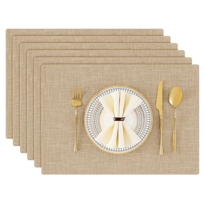 smiry Light Brown Placemats for Dining Table Set of 6, Heat Resistant Washable Linen Table Mats, Easy to Clean Place Mats for Indoor Outdoor Party Kitchen Decoration, 13" x 19", Light Brown by smiry - Image 1