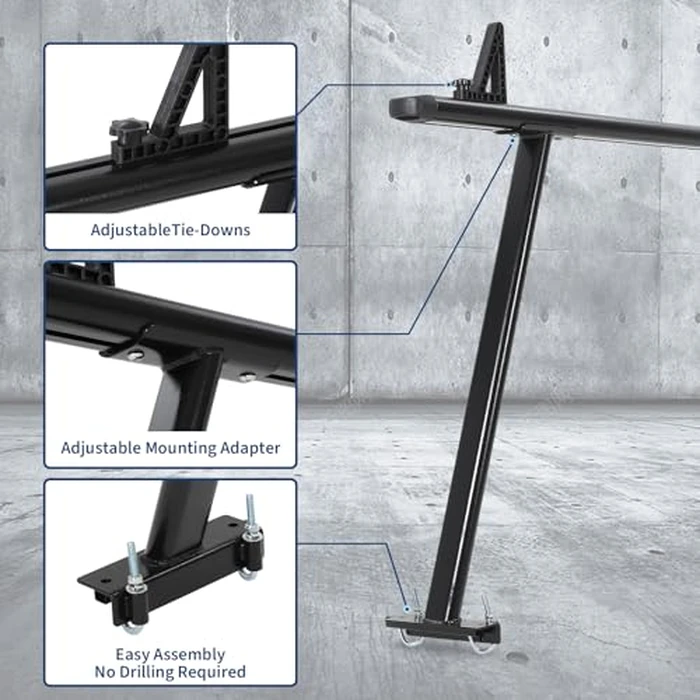 Truck Rack, 35-71in Adjustable Width Ladder Rack for Truck, Aluminum 1000 Lbs Capacity with 8 Non-Drilling j-Bolt, Iron Leg, Heavy Duty Truck Bed Rack Two-Bar Set for Kayak, Surfboard, Lumber, Ladder by Elementool - Image 2