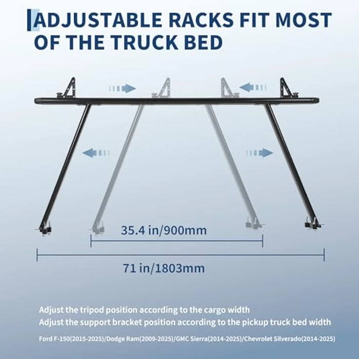 Truck Rack, 35-71in Adjustable Width Ladder Rack for Truck, Aluminum 1000 Lbs Capacity with 8 Non-Drilling j-Bolt, Iron Leg, Heavy Duty Truck Bed Rack Two-Bar Set for Kayak, Surfboard, Lumber, Ladder by Elementool - Image 4