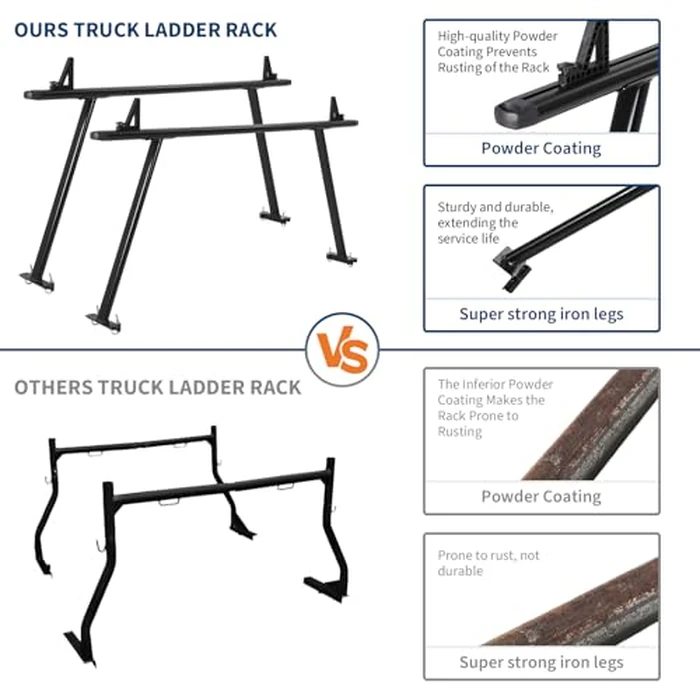 Truck Rack, 35-71in Adjustable Width Ladder Rack for Truck, Aluminum 1000 Lbs Capacity with 8 Non-Drilling j-Bolt, Iron Leg, Heavy Duty Truck Bed Rack Two-Bar Set for Kayak, Surfboard, Lumber, Ladder by Elementool - Image 5