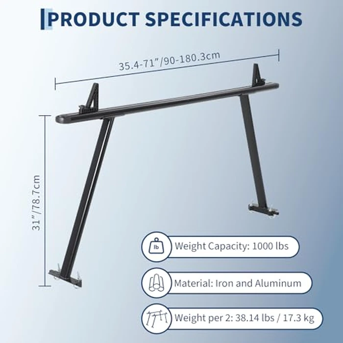 Truck Rack, 35-71in Adjustable Width Ladder Rack for Truck, Aluminum 1000 Lbs Capacity with 8 Non-Drilling j-Bolt, Iron Leg, Heavy Duty Truck Bed Rack Two-Bar Set for Kayak, Surfboard, Lumber, Ladder by Elementool - Image 6