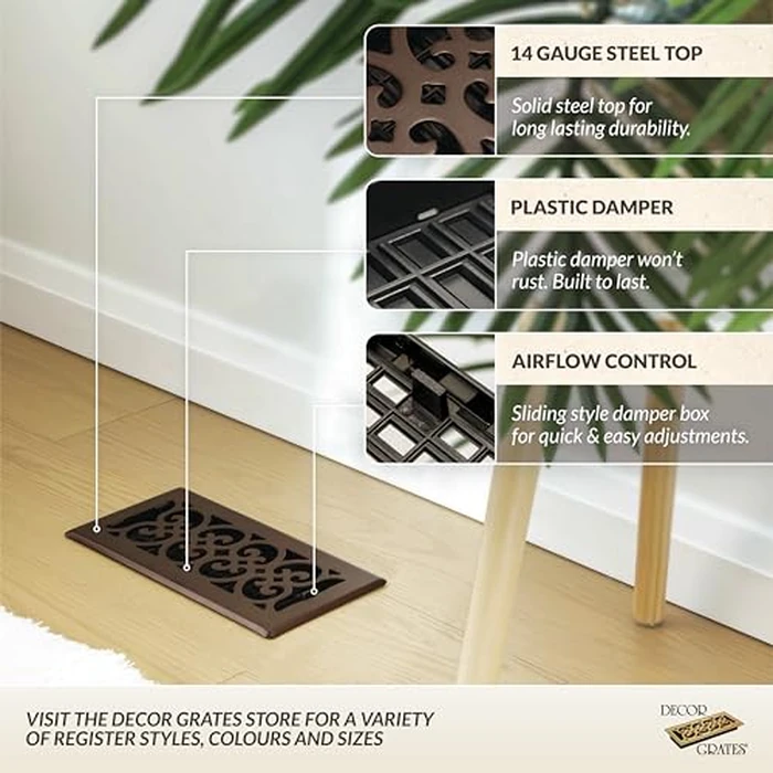 Decor Grates Metal Scroll Decorative Air Vent Cover 6x12 Floor Register - Adjustable Control Lever - AC Floor Vent Covers for Home Floor Vents - Fits 6 x 12 Inch Opening - Rubbed Bronze (SPH612-RB) by Decor Grates - Image 2
