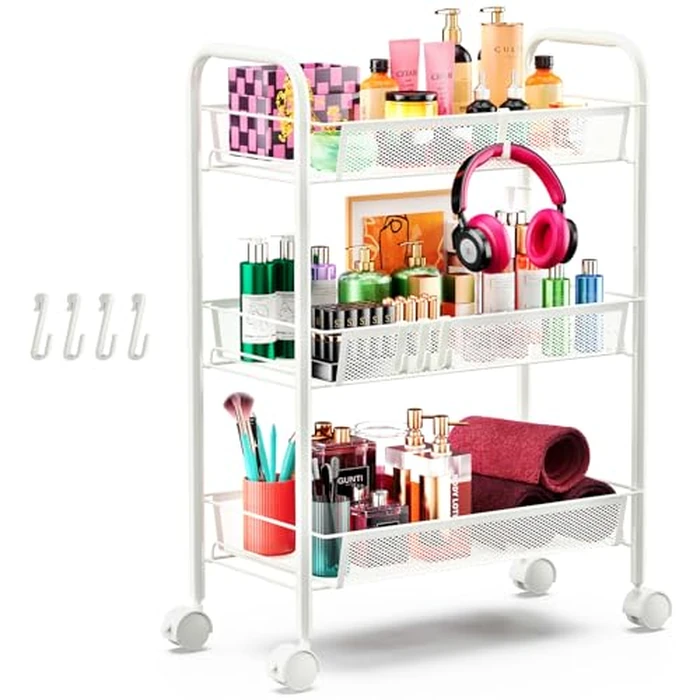 Goovilla 3-Tier Metal Rolling Cart, Mesh Wire Easy Assemble Utility Cart, Storage Trolley on Wheels with 4 Hooks, Metal Storage Shelving Units for Kitchen Bathroom Laundry Living Room, White by Goovilla - Used - Like New condition - CA$27.54