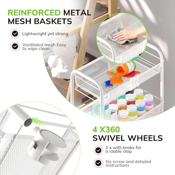 Goovilla 3-Tier Metal Rolling Cart, Mesh Wire Easy Assemble Utility Cart, Storage Trolley on Wheels with 4 Hooks, Metal Storage Shelving Units for Kitchen Bathroom Laundry Living Room, White by Goovilla - Image 3
