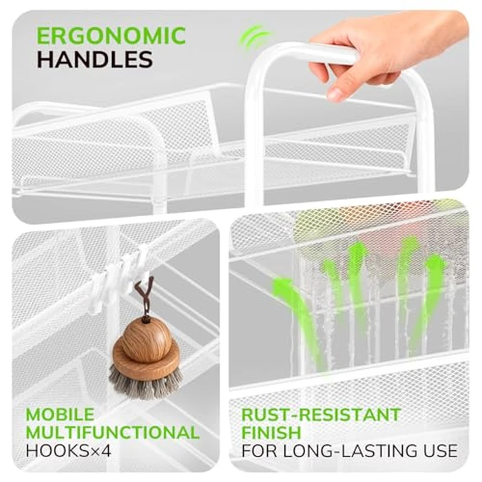 Goovilla 3-Tier Metal Rolling Cart, Mesh Wire Easy Assemble Utility Cart, Storage Trolley on Wheels with 4 Hooks, Metal Storage Shelving Units for Kitchen Bathroom Laundry Living Room, White by Goovilla - Image 4