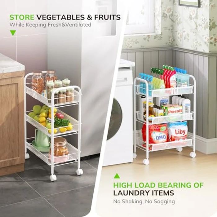 Goovilla 3-Tier Metal Rolling Cart, Mesh Wire Easy Assemble Utility Cart, Storage Trolley on Wheels with 4 Hooks, Metal Storage Shelving Units for Kitchen Bathroom Laundry Living Room, White by Goovilla - Image 7