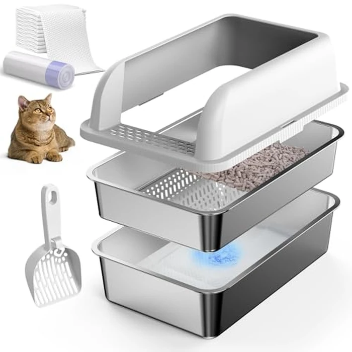 23.6''x16''x12'' Enclosed Stainless Steel Litter Box with Lid, XL Sifting Litter Box for Pine Pellets, High Sides Metal Litter Box System for Big Cats, Anti-Leakage, Easy Cleaning, Less Tracking by suzzipaws - Used - Like New condition - US$63.17