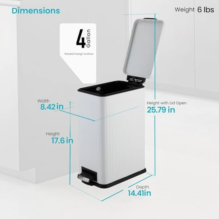 Home Zone Living 4 Gallon Kitchen Trash Can with Soft-Closing Lid and Step Pedal, Stainless Steel with Slim Ribbed Design for Home and Office, White, 17 Liters by Home Zone Living - Image 2