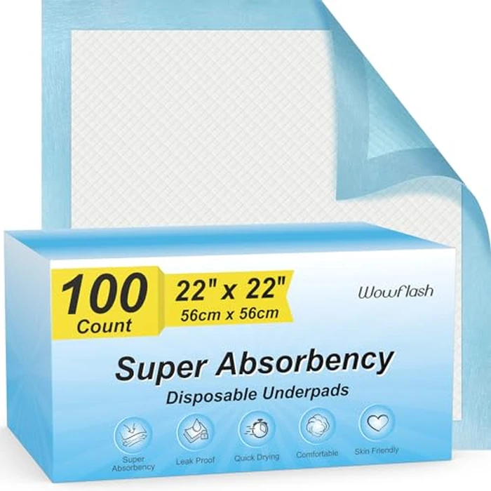 100 Count 22” x 22” Super Absorbency Disposable Underpads, Leakproof Quick Drying Disposable Pads for Baby, Puppy and Adults, Puppy Pads, Cat Pee Pads for Dogs, Potty Puppy Training Pads by Wowflash - Used - Like New condition - US$21.28