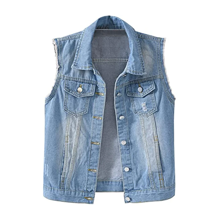 COWOKA Women's Casual Denim Waistcoat Slim Fit Frayed Sleeveless Jacket Ripped Tops with Pockets Light Blue S by COWOKA - Used - Like New condition - US$27.91