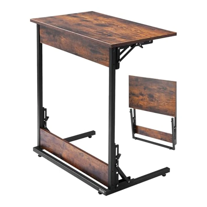 VEVOR C Table, Folding C Shaped End Table with Metal Frame & Adjustable Feet, Foldable C Shaped Side Table for Living Room Bedroom Office, 23.62 x 14.57 x 27.56 inch TV Tray, Brown and Black by VEVOR - Used - Very Good condition