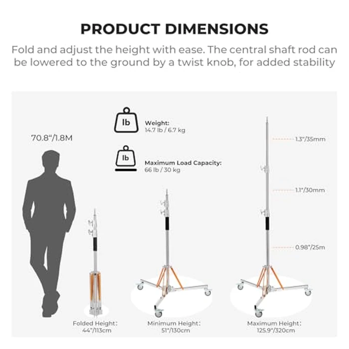 K&F CONCEPT Heavy Duty Light Stand with 360 degrees Swivel Casters & Step-On Brakes, 10ft/305cm Adjustable Stainless Steel Tripod Stand for Studio Photography, Supports COB Lights, Softboxes up to 30kg/66lb by K&F CONCEPT - Image 2